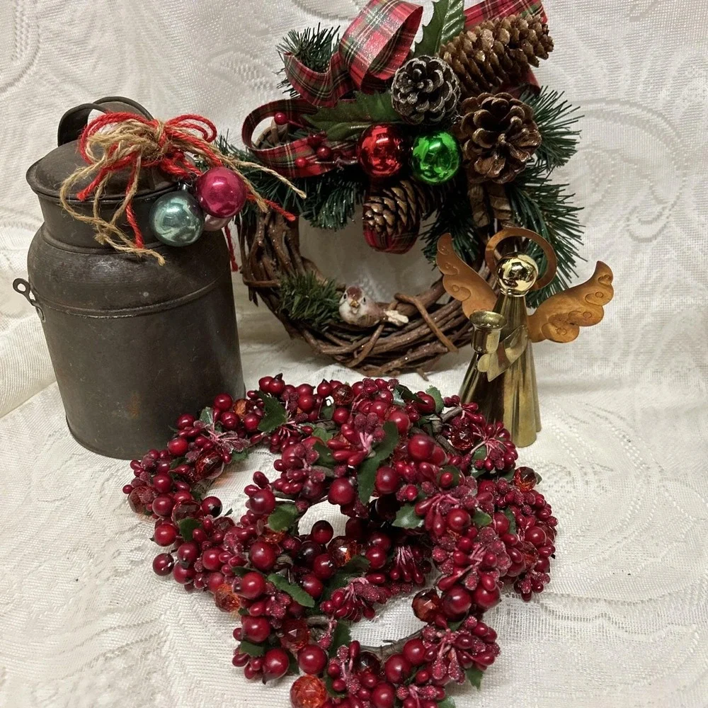 Vintage 1970's  Christmas Lot Ornaments Decorations Wreath‎ Tin Can Candle Rings